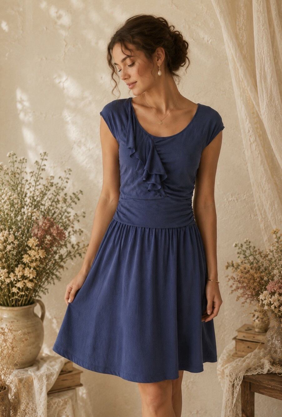 Garnet Hill Blue Ruched Ruffle Knit Dress Womens Small Fit Flare Stretch